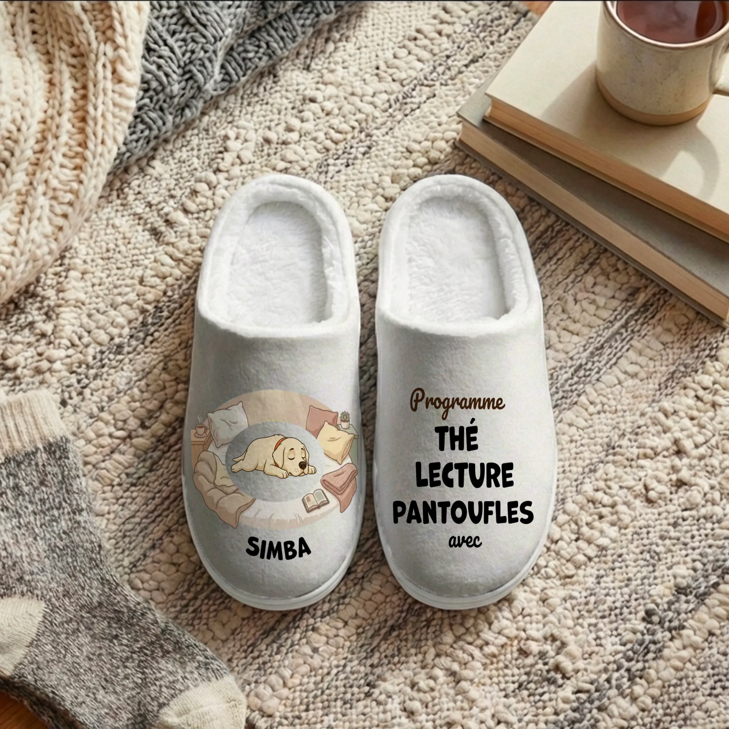 Pantoufles : "Thé + Lecture + Pantoufles"